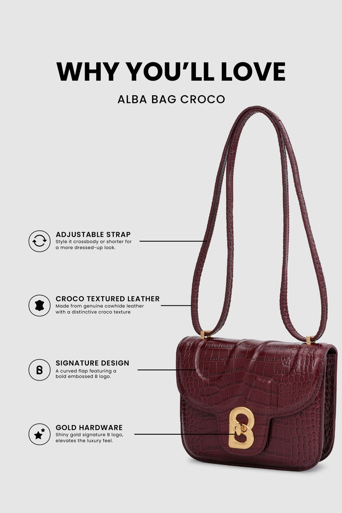 alba bag croco in burgundy by buttonscarves feature overview