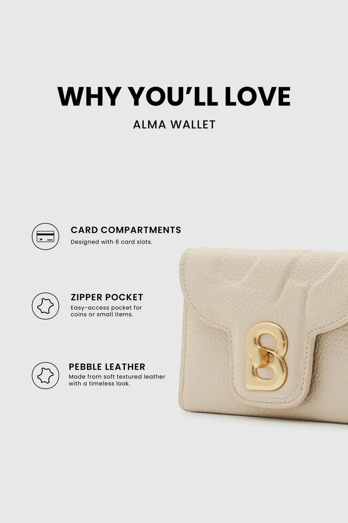 alma wallet in beige by buttonscarves signature b twist lock detail features
