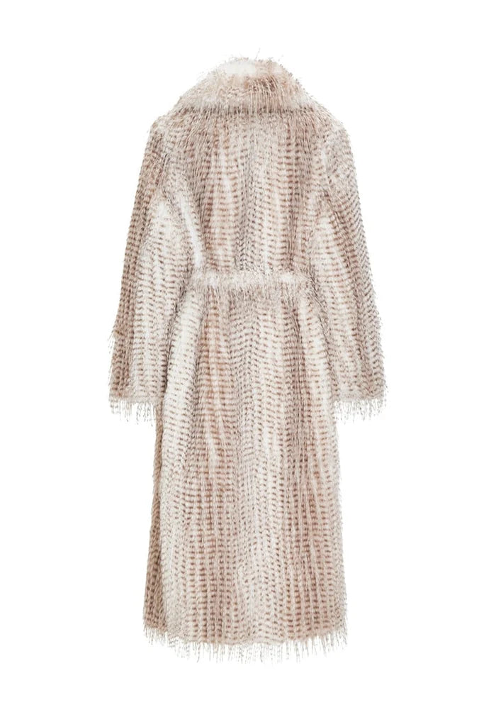 A chic and stylish women's long faux fur coat with a belt, perfect for winter fashion.