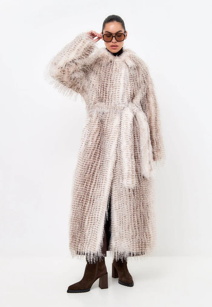 A chic and stylish women's fashion faux fur coat, featuring a belted design for a flattering silhouette, perfect for the winter season.