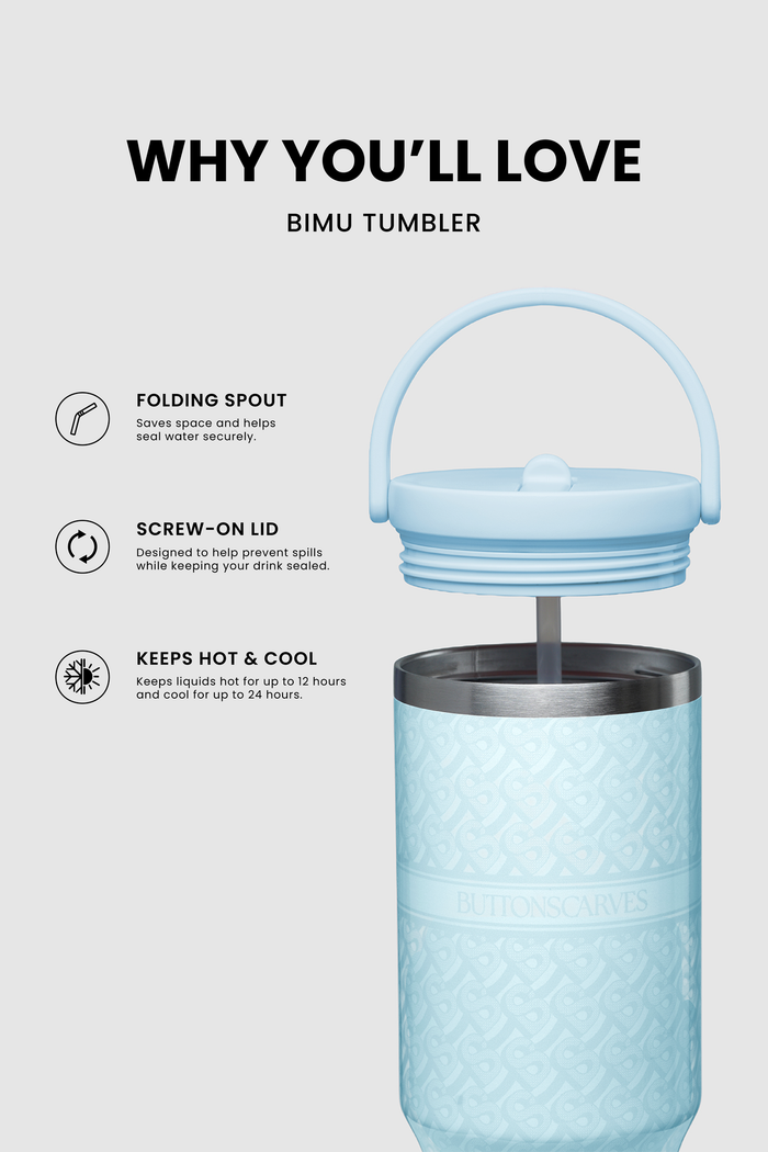 bimu tumbler in blue by buttonscarves features with folding spout, screw on lid, and keeps hot & cool for hours