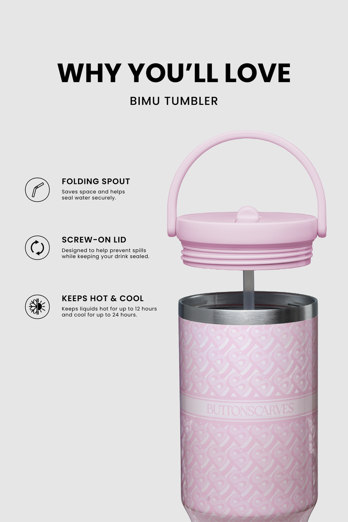 bimu tumbler in pink by buttonscarves feature with folding spout, screw on lid, and keep hot & cold