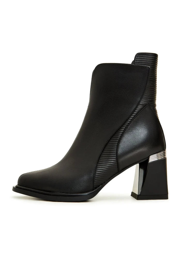 A stylish pair of black block heel ankle boots, perfect for adding a touch of elegance to any outfit.