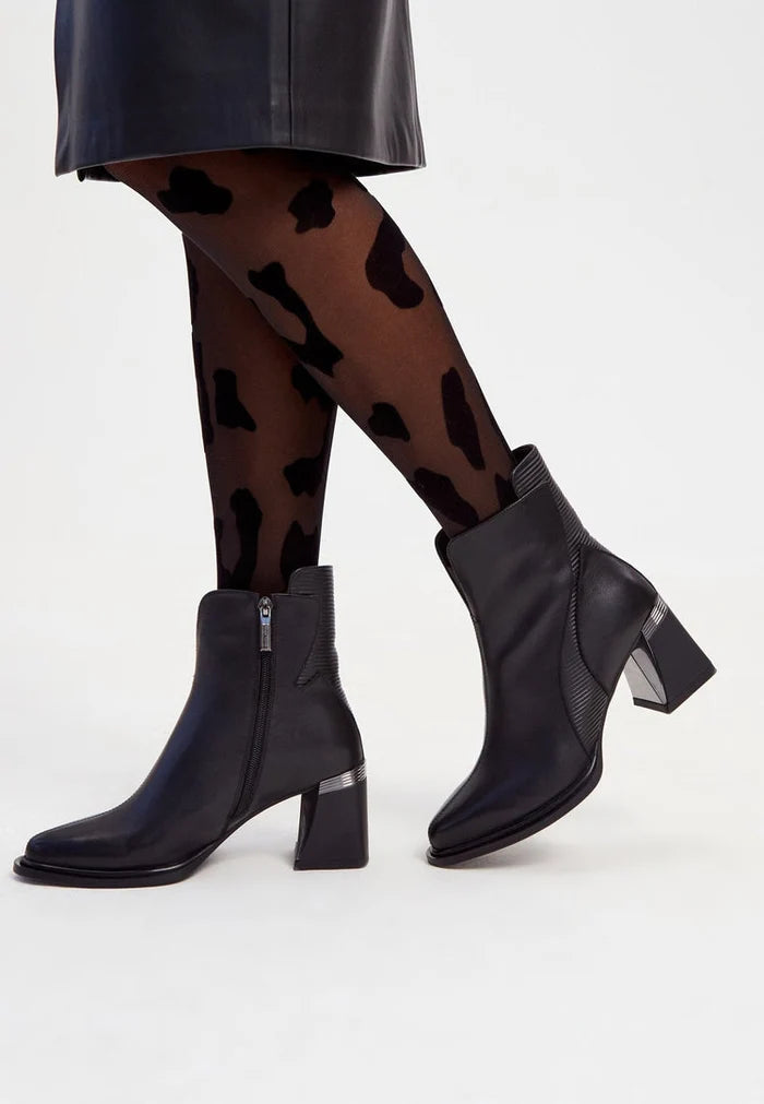A stylish pair of black block heel ankle boots, perfect for any outfit.