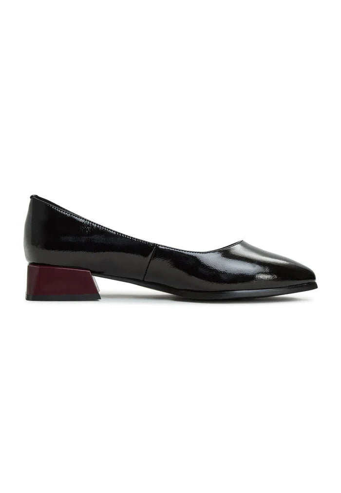 A stylish pair of Ingrid black block heel ballerinas for women, the perfect trendy footwear option for any occasion.