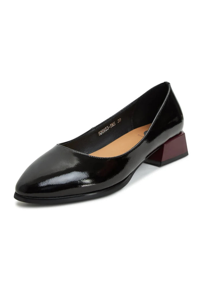 A stylish pair of black block heel ballerinas perfect for any occasion, featuring the Ingrid black shoes and on-trend design for women's block heel flats.