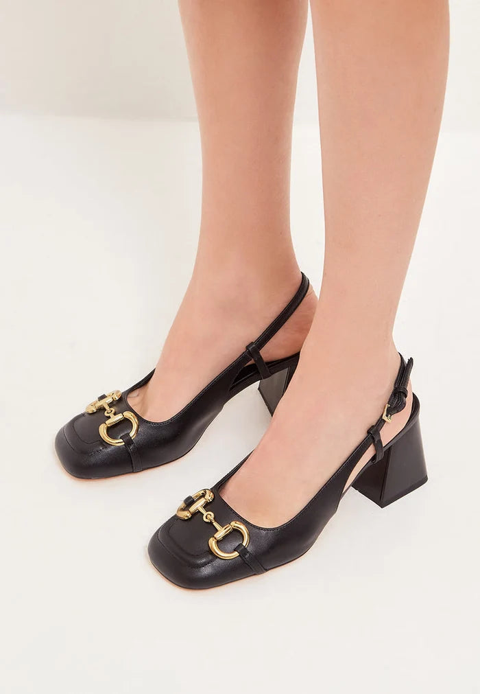A stylish pair of women's high heel pumps in black, featuring a block heel design known as the Anais pump.