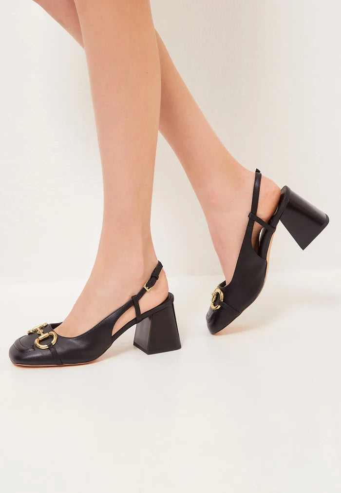 A stylish pair of women's black block heel pumps, also known as the Anais pump, offering a classic and elegant look perfect for any occasion.