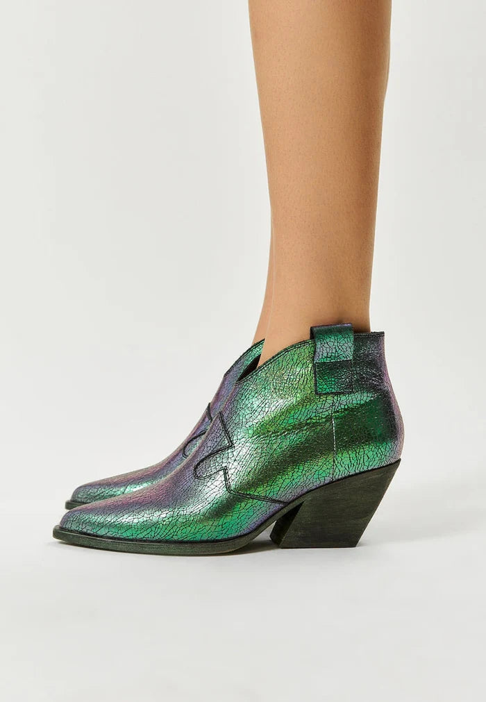 A pair of stylish women's western block heeled cowboy boots in green, known as Ivanna cowboy boots, perfect for adding a fashionable touch to any outfit.