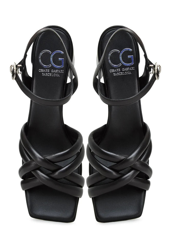 A stylish pair of Anaia black block heeled sandals for women, perfect for any outfit with their high-heeled design.