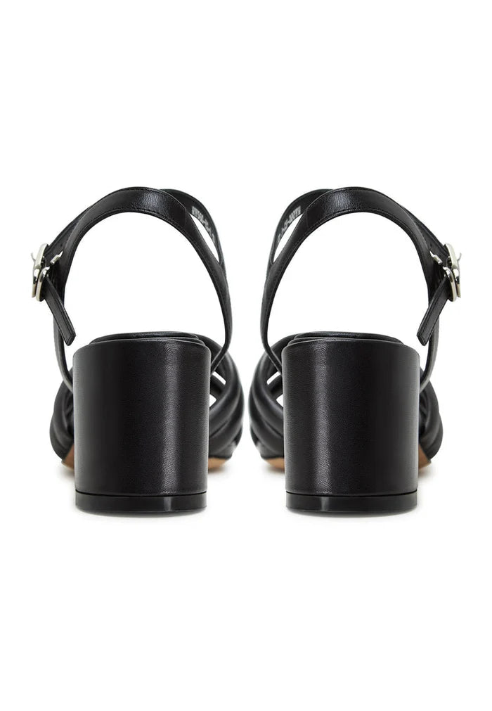 A stylish pair of black Anaia block heeled sandals for women, perfect for any outfit with their high heel design.