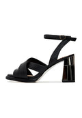 A stylish pair of black block heeled sandals called Evelyn, perfect for any occasion.