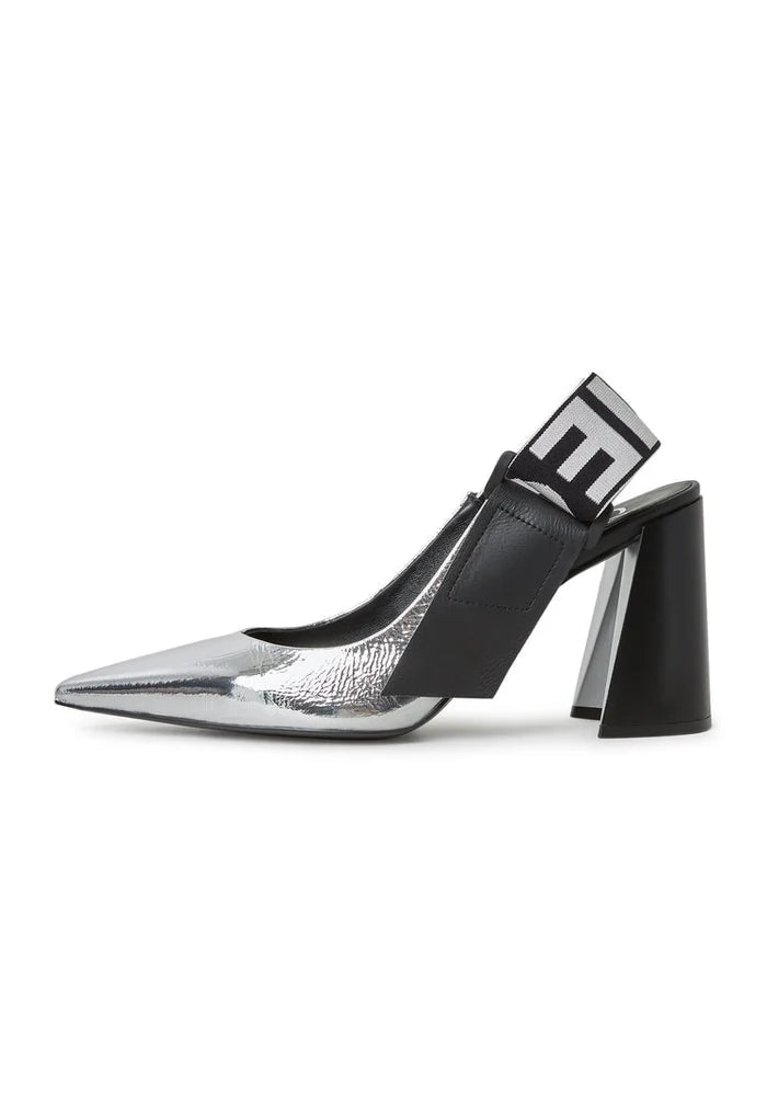 A stylish pair of silver slingback block heeled pumps known as Jimena pumps, the perfect addition to any women's footwear collection.