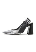 A stylish pair of silver slingback block heeled pumps known as Jimena pumps, the perfect addition to any women's footwear collection.