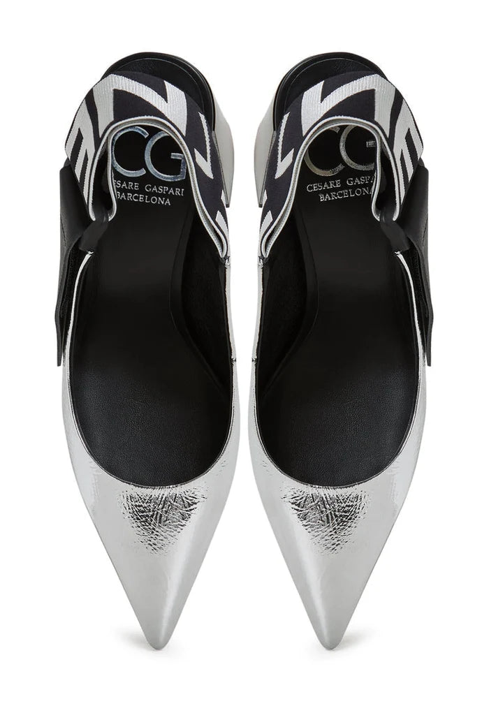 A fashionable pair of silver Jimena block heeled pumps slingback heels for women's footwear.