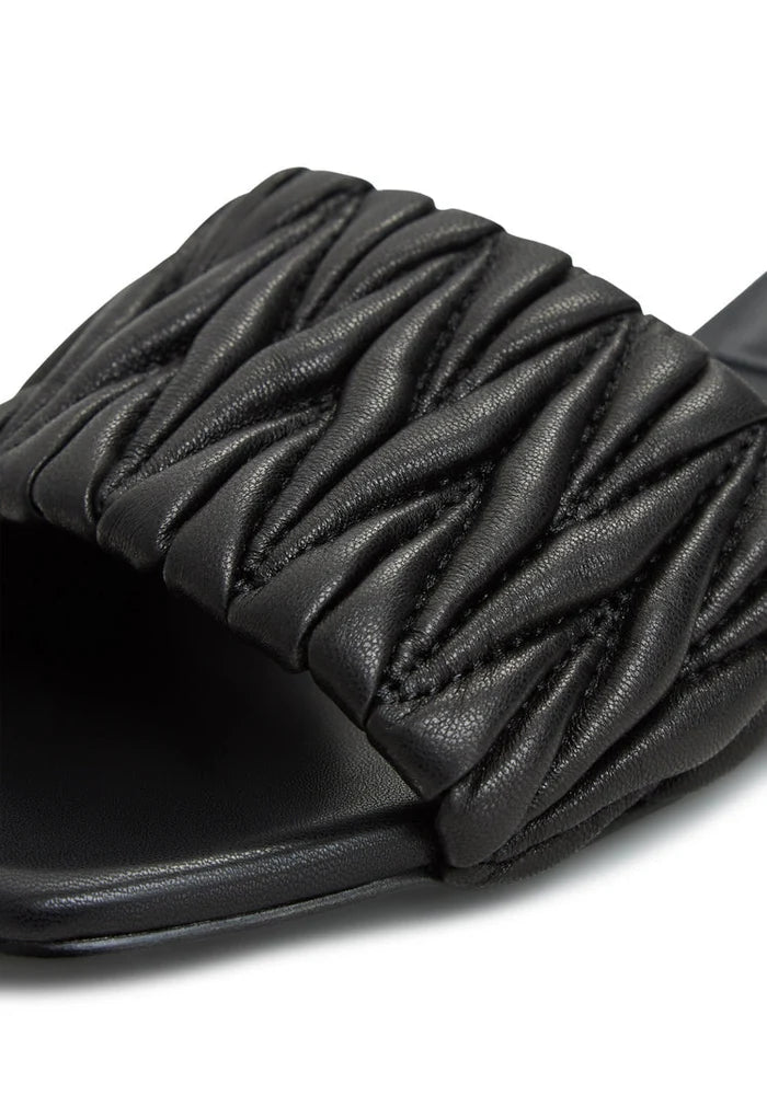 A pair of stylish Stephanie black block heeled slippers, perfect for fashionable women looking for chic and comfortable footwear from the Stephanie brand.