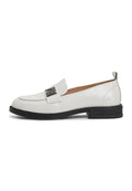 Fashionable white block heel loafers for women, perfect for a stylish and comfortable look.
