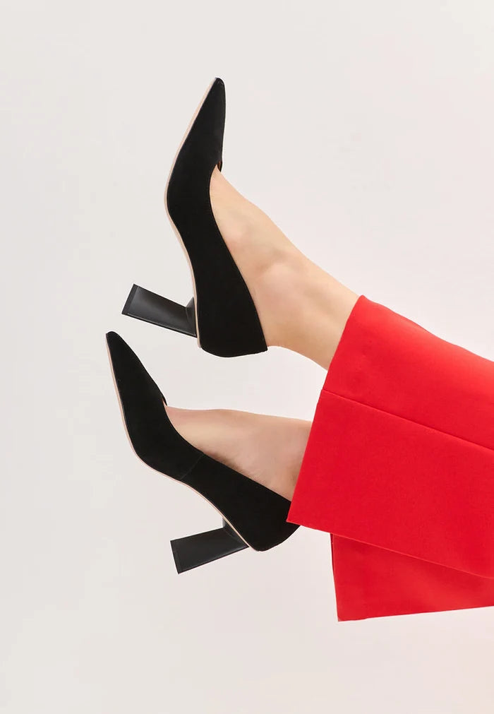 A stylish pair of black Silvia pumps featuring chunky block heels, perfect for women's fashion.