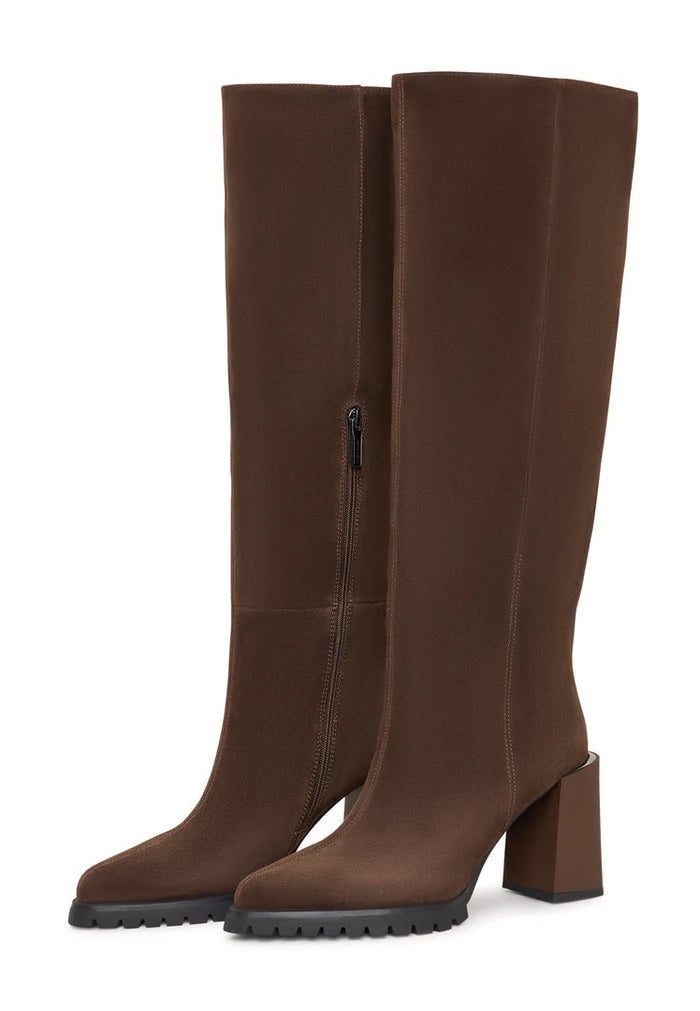 A stylish pair of knee-high Nala boots in bold brown, perfect for women's fashion footwear, featuring a trendy block heel design.
