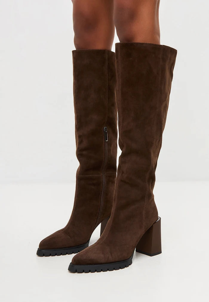 A stylish pair of bold brown Nala block heel knee-high boots, the perfect addition to any woman's fashion footwear collection.