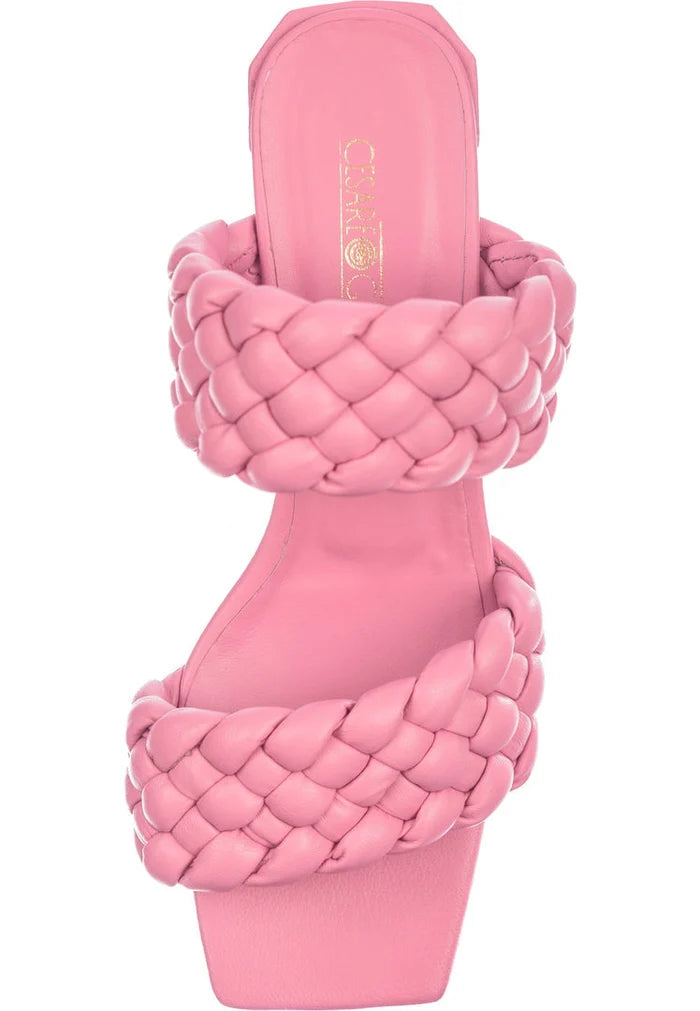 A trendy pair of women's pink braided heeled sandals, perfect for summer with a strappy design.
