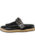 A close-up image of women's casual black slide sandals with buckle strap detail.