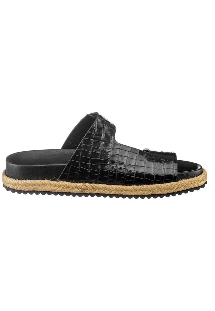 A pair of black slide sandals with buckle straps for women, perfect for a casual and comfortable summer look.