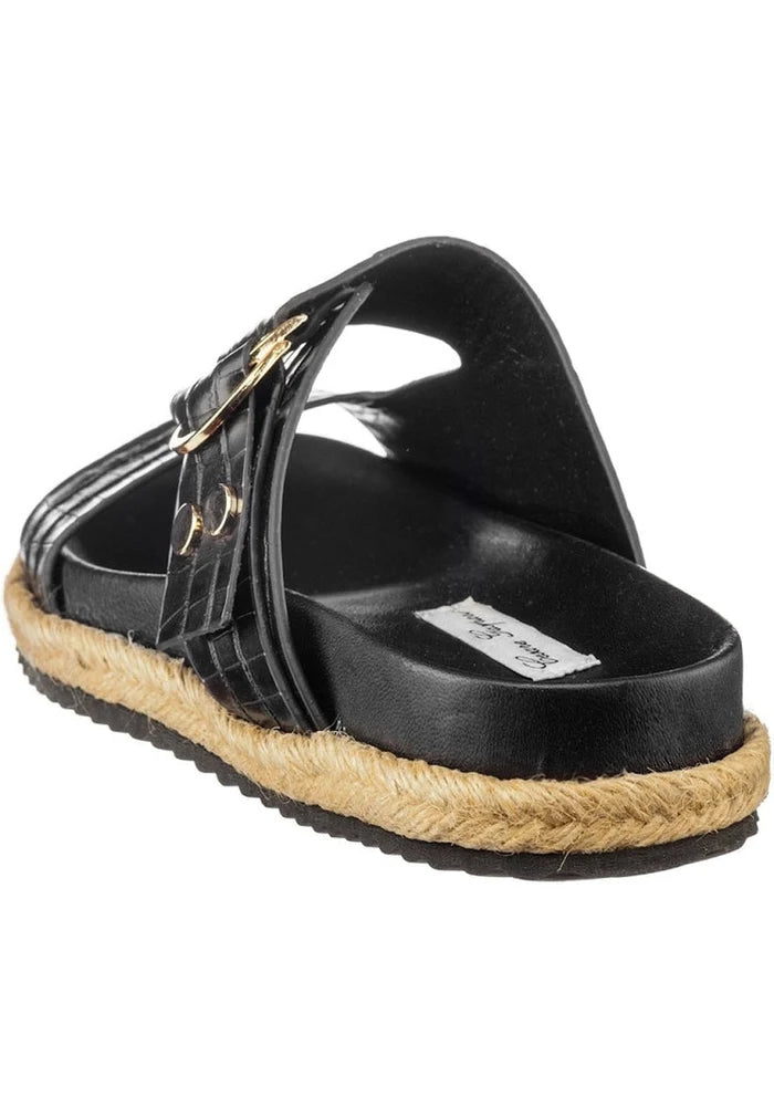 A pair of stylish buckle strap slide sandals in black, perfect for women seeking casual chic footwear.