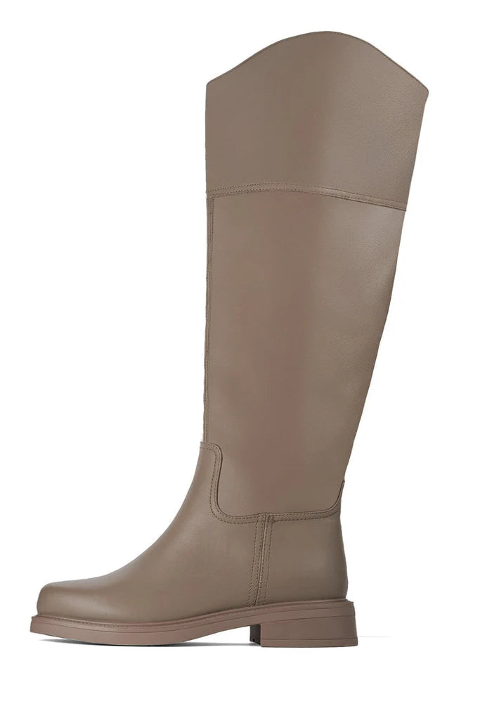 A pair of trendy beige ankle boots with casual block heels for women's fashion.
