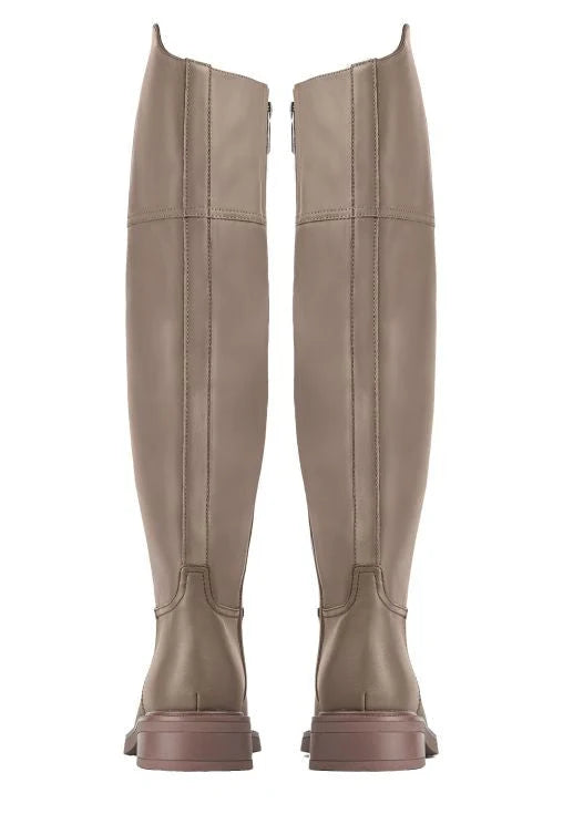 A stylish pair of beige ankle boots with a casual block heel, perfect for adding a trendy touch to women's fashion.
