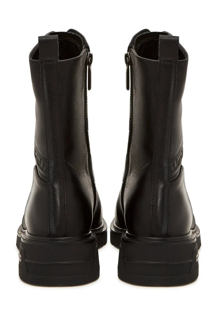 A stylish pair of black leather ankle boots with a block heel, perfect for casual wear.