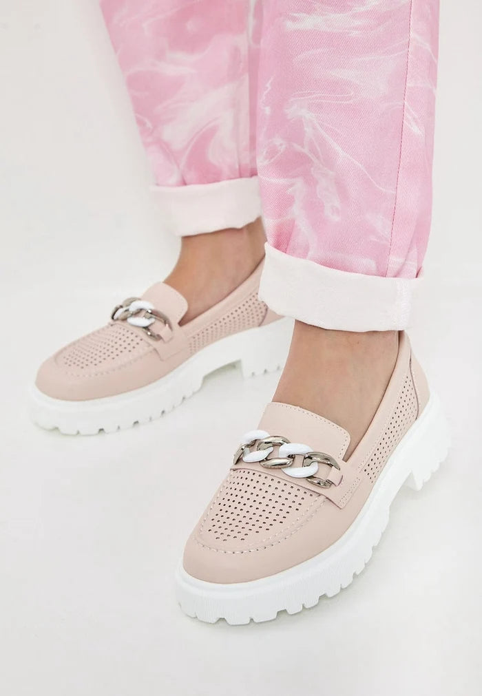 A trendy pair of affordable pink loafers for women, perfect for casual and comfortable everyday wear.