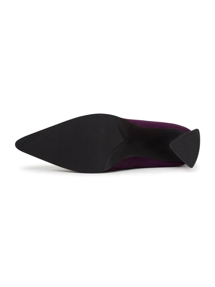 A pair of stylish suede ankle boots in a rich purple color with a comfortable block heel, perfect for a casual yet fashionable look.