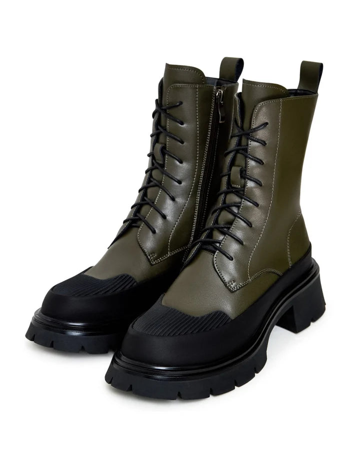 A stylish pair of suede lace-up ankle boots for a casual and trendy look.