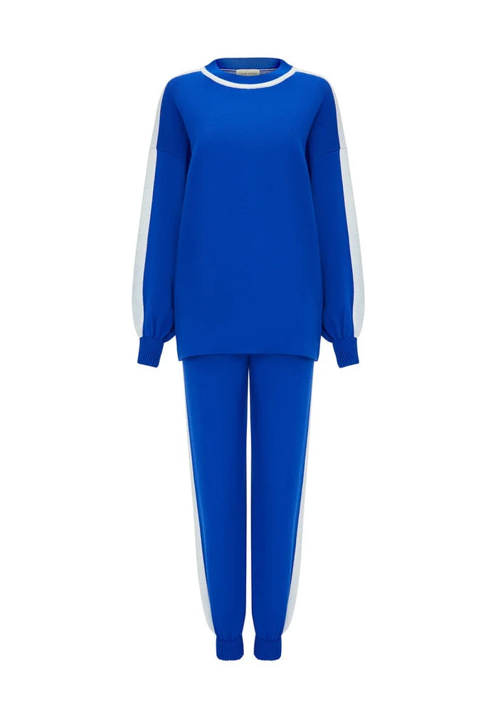 A cozy blue knitted jogger set perfect for casual loungewear comfort.