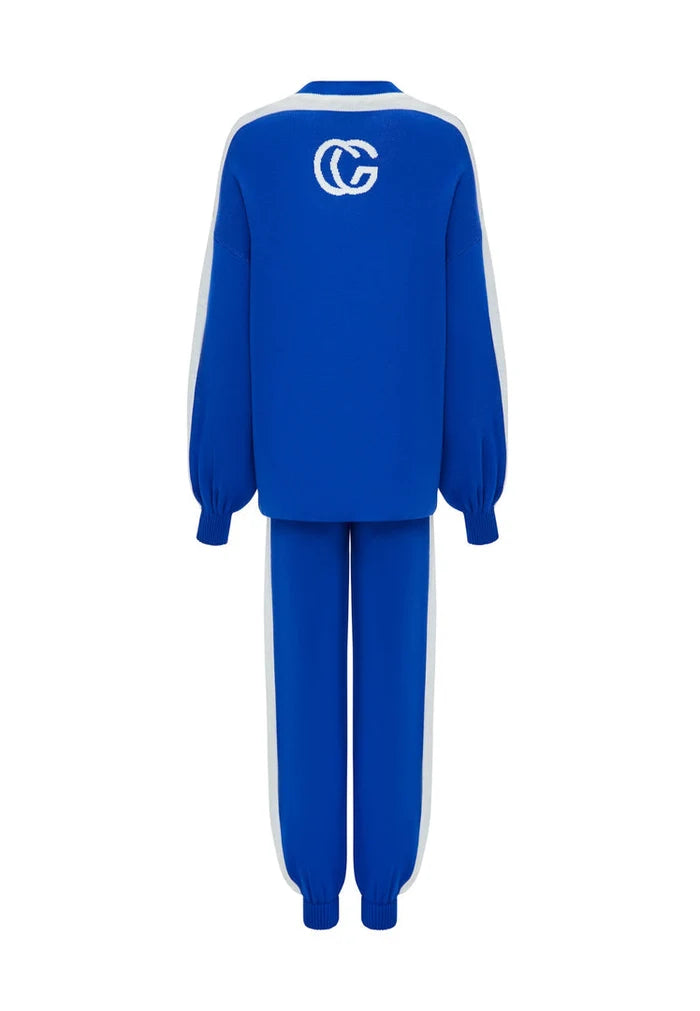 A cozy and comfortable blue knit loungewear set featuring CG knitted joggers for a casual and stylish look.
