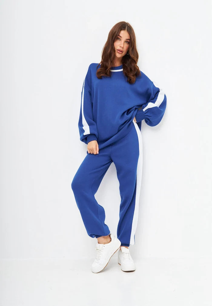 A cozy and comfortable blue knit jogger set perfect for casual loungewear days.