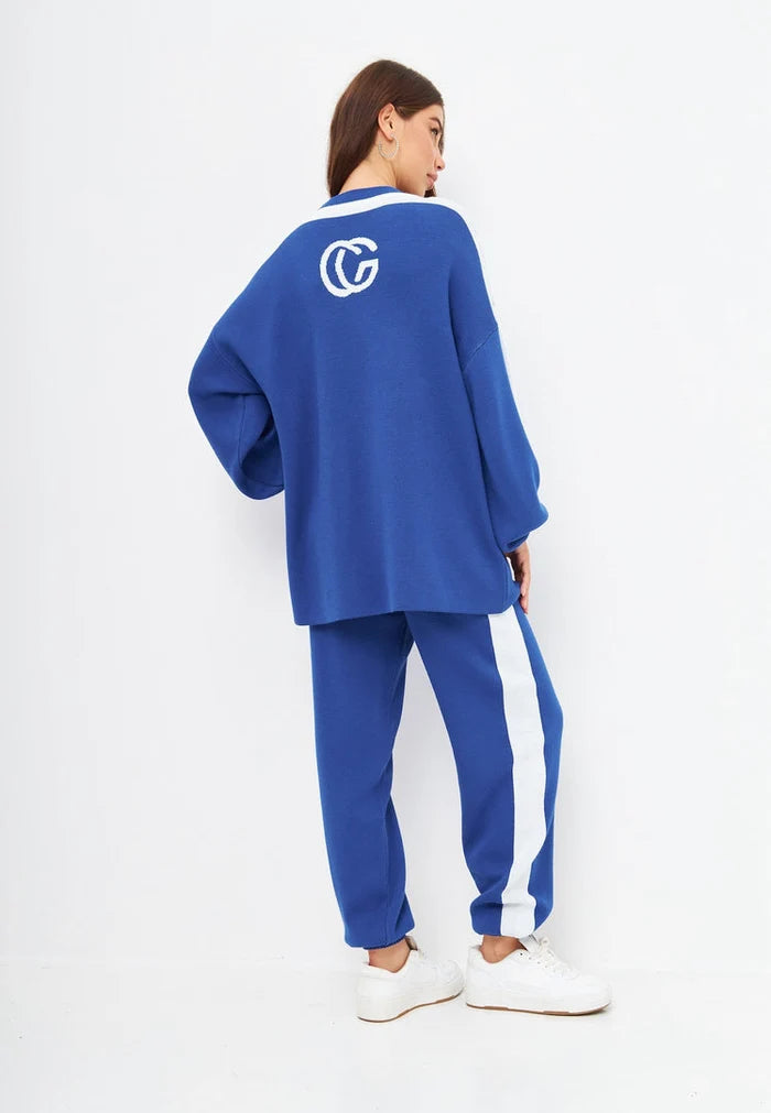 A cozy and comfortable blue knit jogger set, perfect for casual loungewear days.