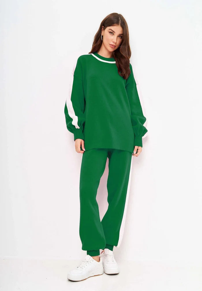 A stylish CG knitted jogger set in green color for a chic and cozy look.