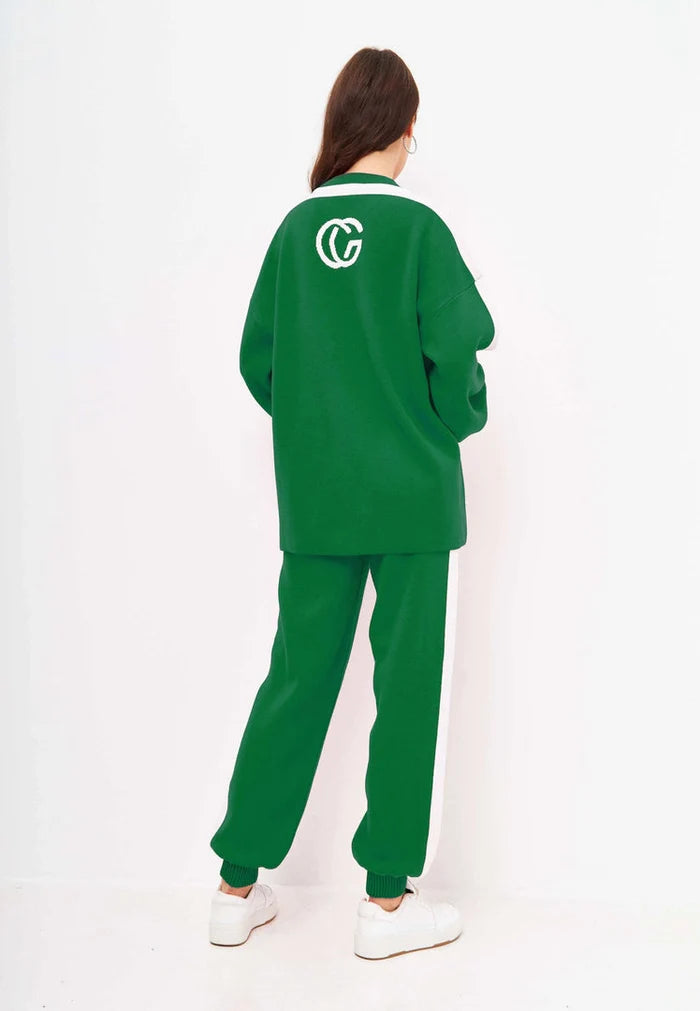 A stylish and comfortable CG green knitted jogger set, perfect for a casual and trendy look.