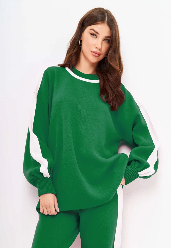 A cozy knitted jogger set in CG green, perfect for relaxing in style.