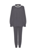 A cozy and stylish grey knitted jogger set, perfect for relaxing at home or running errands in comfort.