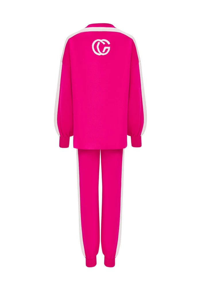 A stylish pink knitted jogger set for women, complete with a cozy CG pink jogger set, ideal for a casual knitwear outfit.