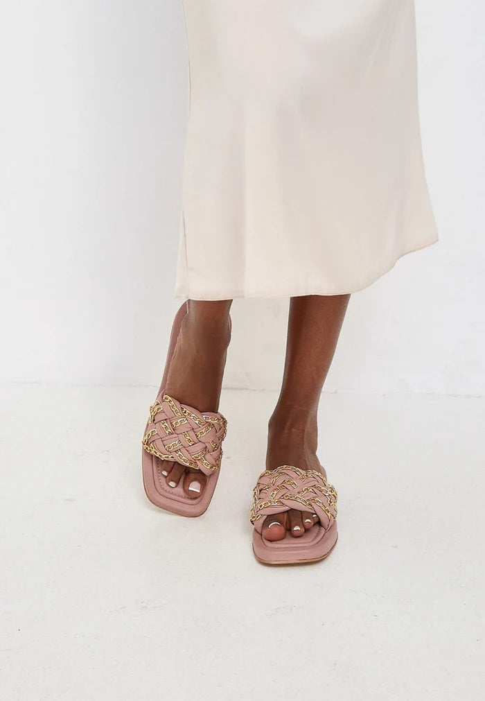 A stylish pair of beige chain leather sandals for women, perfect for adding a touch of elegance to any outfit.