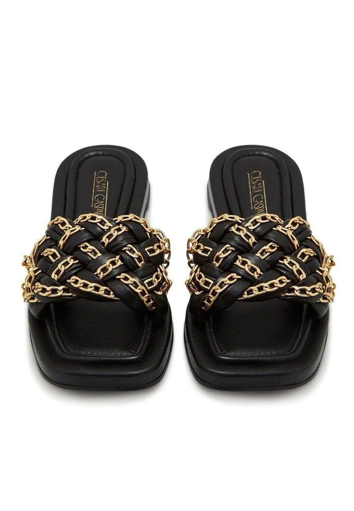 A pair of stylish black leather chain sandals for women, perfect for the summer with eye-catching chain detail design.