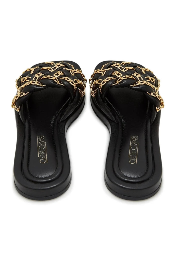 A stylish pair of black leather chain sandals for women, featuring intricate chain detailing perfect for summer vibes.
