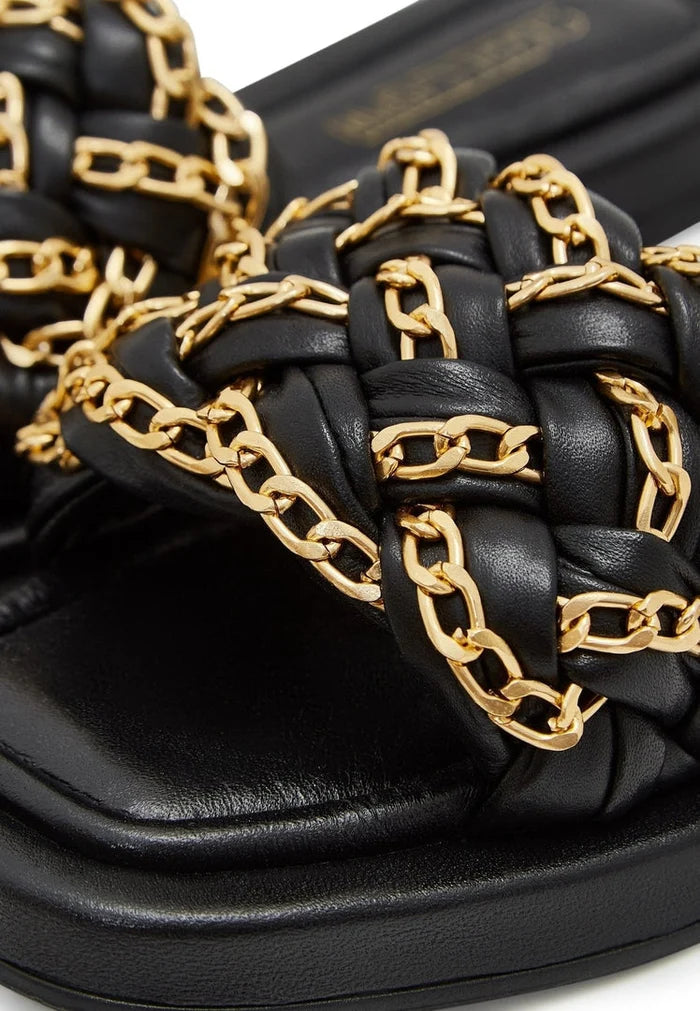 A stylish pair of black leather chain sandals for women, perfect for summer outings with intricate chain detailing.