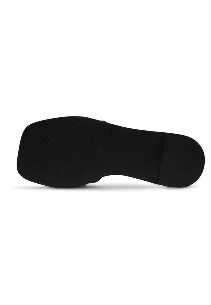 A stylish pair of black leather summer sandals for women featuring chic chain detail design.