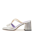 A pair of elegant silver Rosalia backless high heel sandals, the epitome of chic footwear.