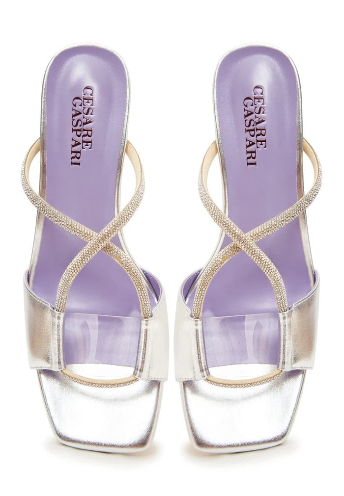 A stylish pair of silver Rosalia high heel sandals with a chic and elegant backless design.